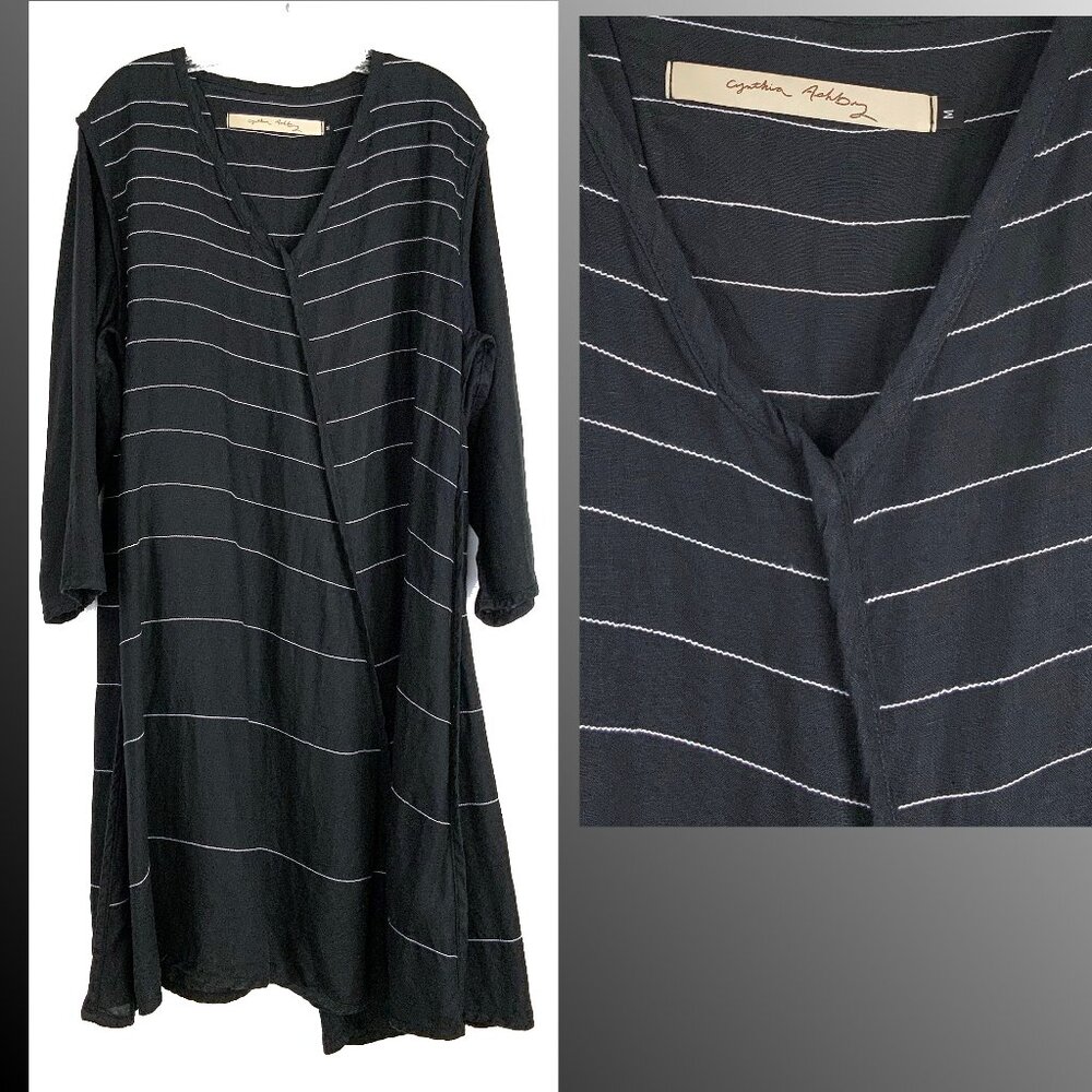 New Cynthia Ashby Black Linen Logenlook Midi Trapeze Dress Sz M